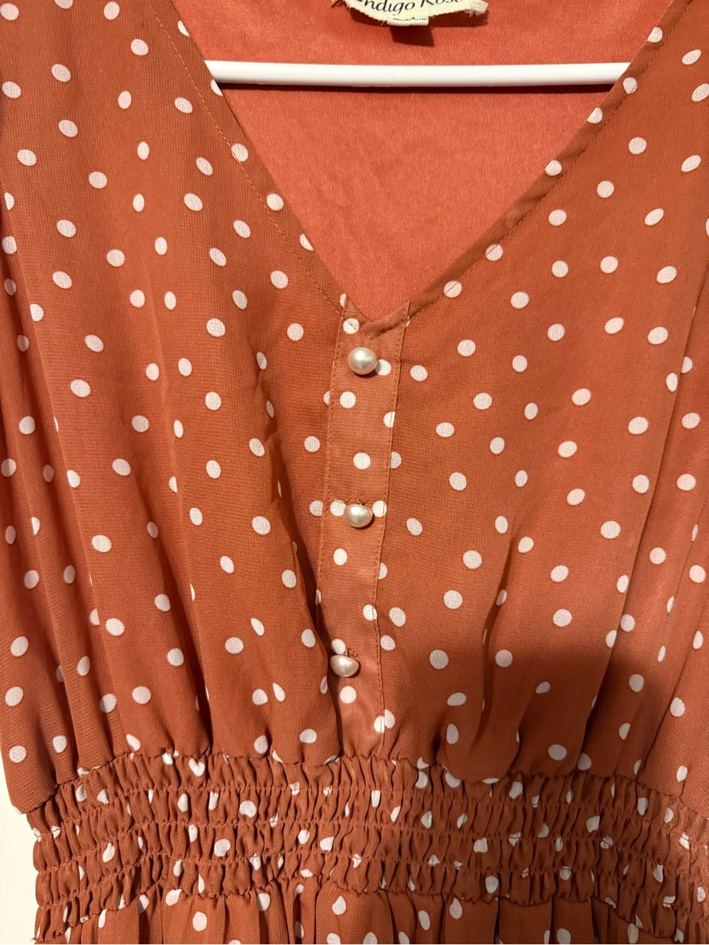 Indigo Rose Rust Polka Dot Smocked Midi Dress - Picture 5 of 7